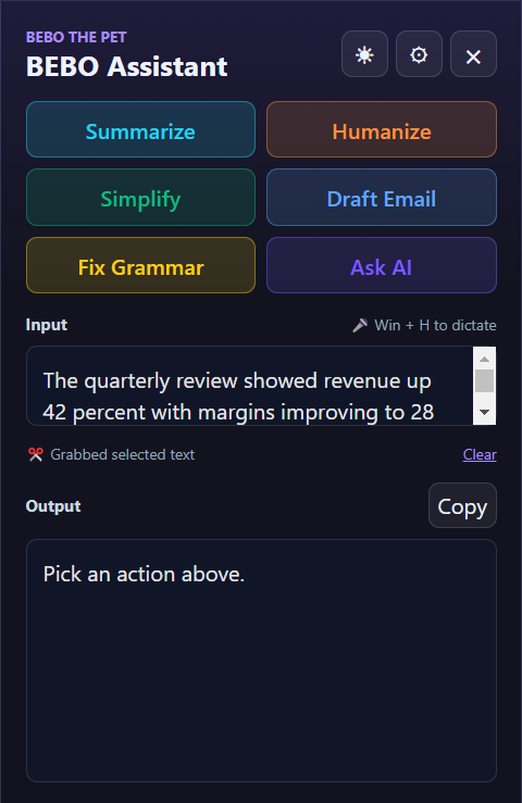 Ctrl+Shift+E grabs selected text from any app straight into the panel, then restores your clipboard.