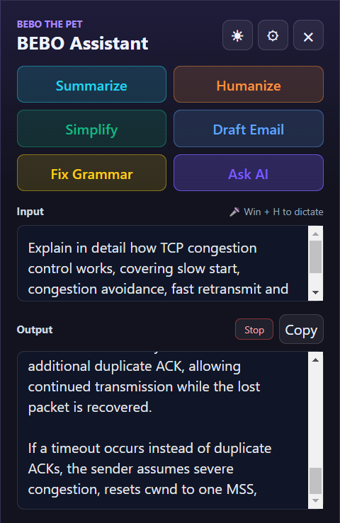 New in 2.1: answers stream in as they're written, with a Stop button and Regenerate for a different take.