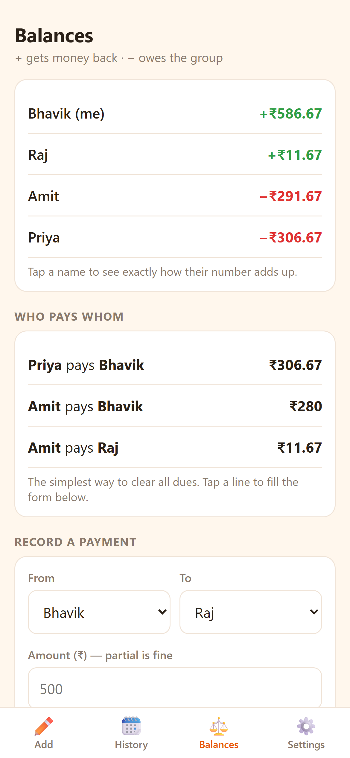 Net balances, Splitwise-style — who owes whom, at a glance.